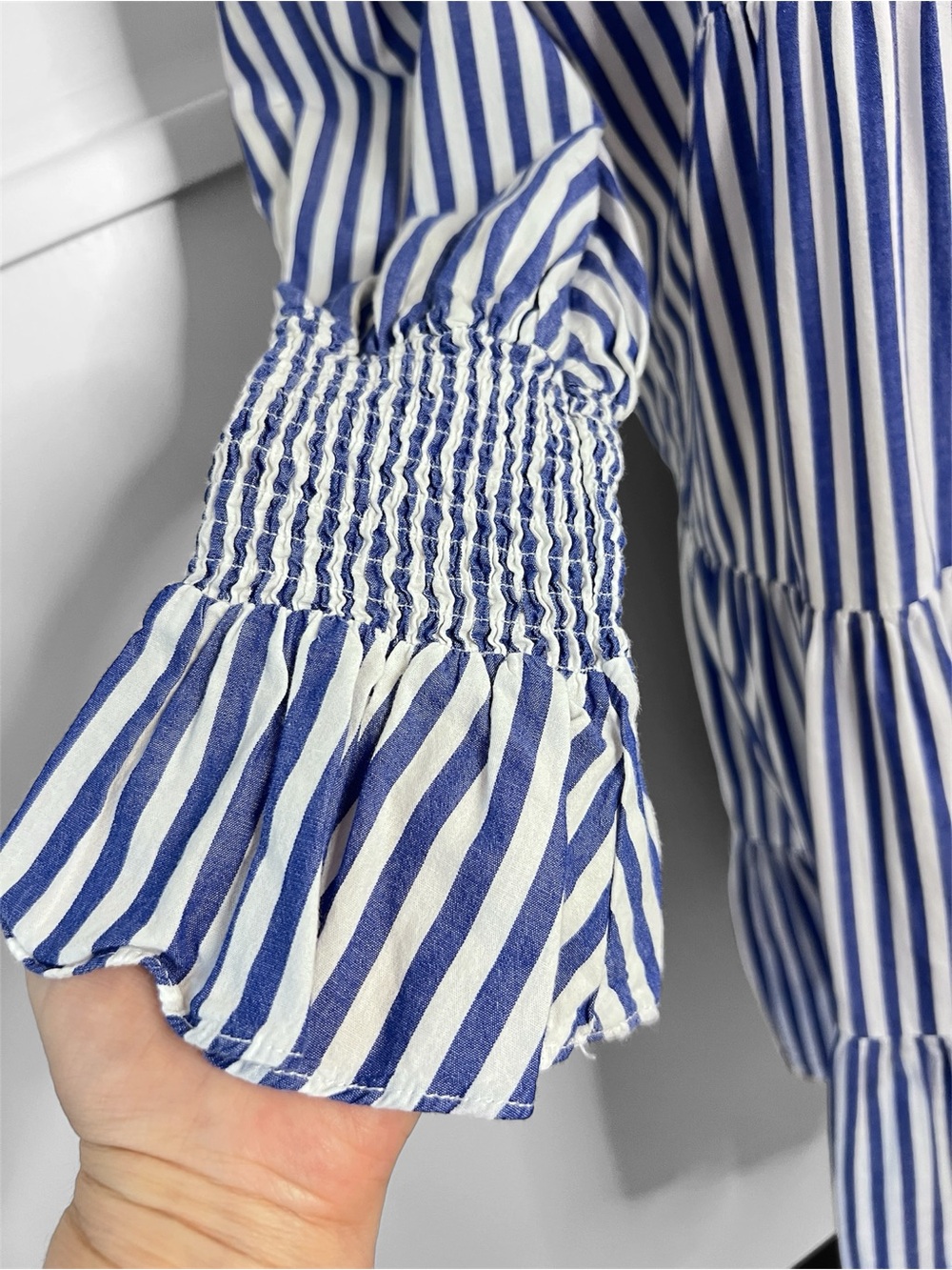 Pomander Place Kenzo Blue and White Stripe Cotton Poplin Tiered Mini Dress - Picture 5 of 13